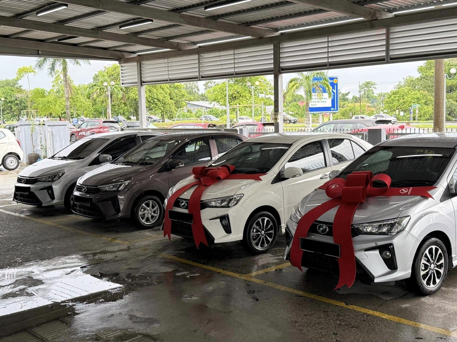 Four brand-new Car&Go rental cars with delivery ribbons at Kuching