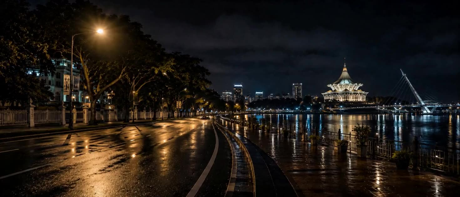 古晋夜景与砂拉越河畔